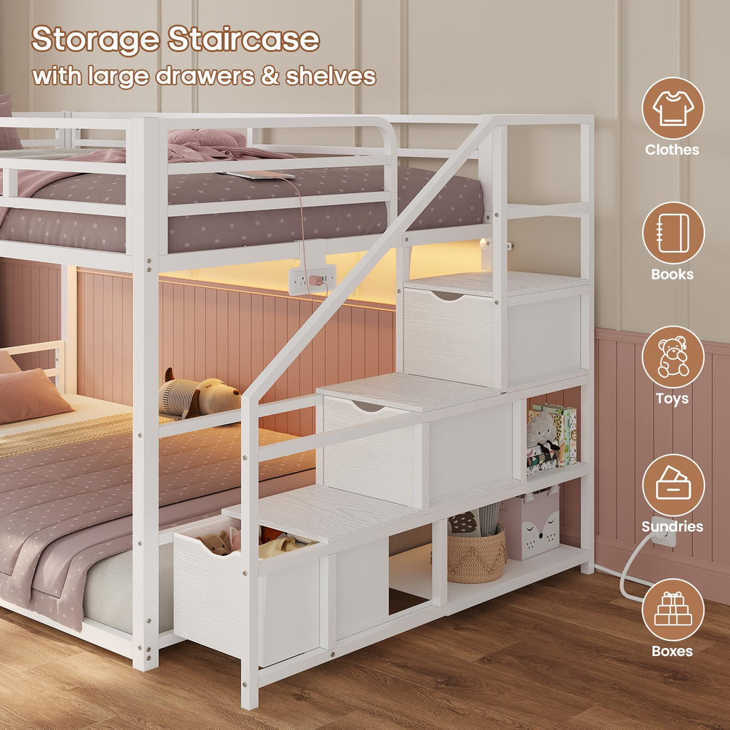 Low Bunk Bed Twin Over Twin with Storage Stairs H241