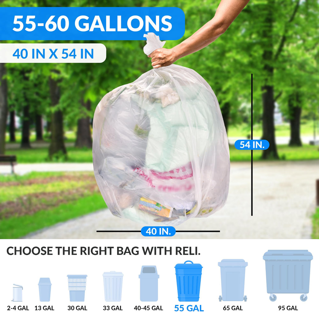 55-60 Gallon Heavy Duty Clear Trash Bags with Ties A59465