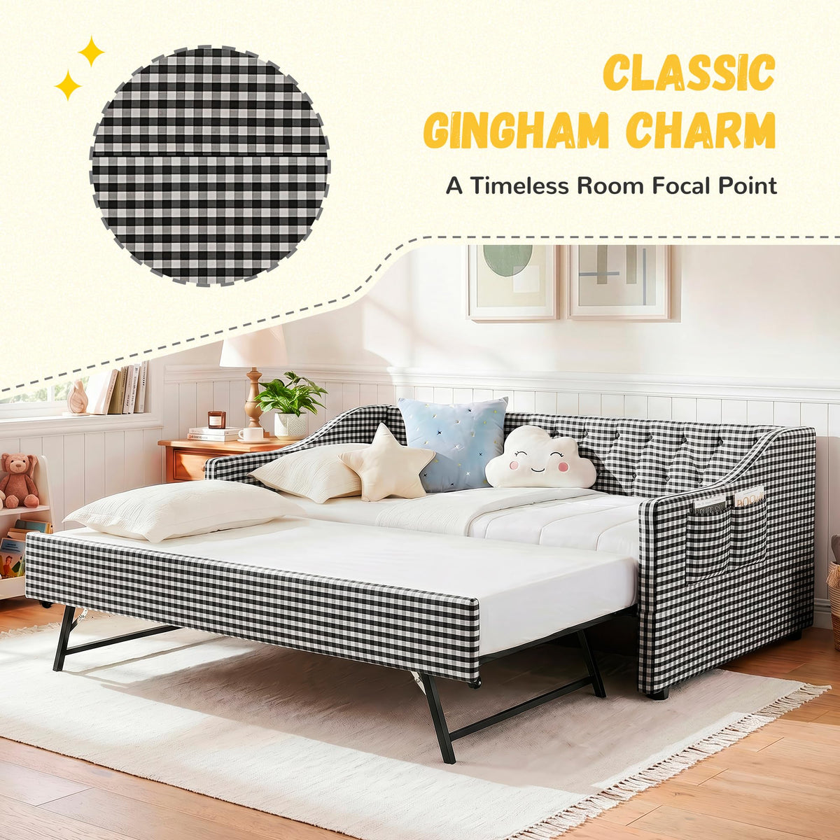 Twin Size Gingham Daybed with Trundle and Storage Pocket D9668