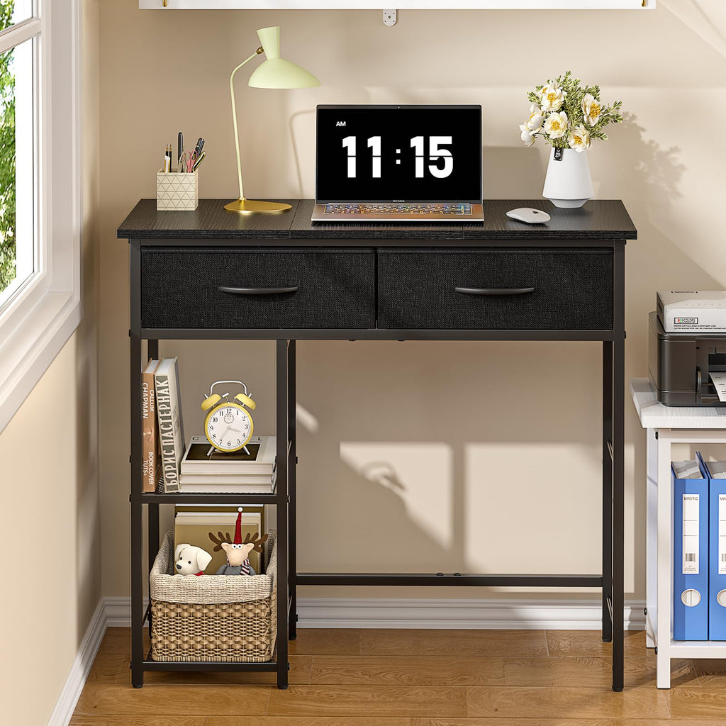Black Small Writing Desk with 2 Drawers and Storage Shelf J28259