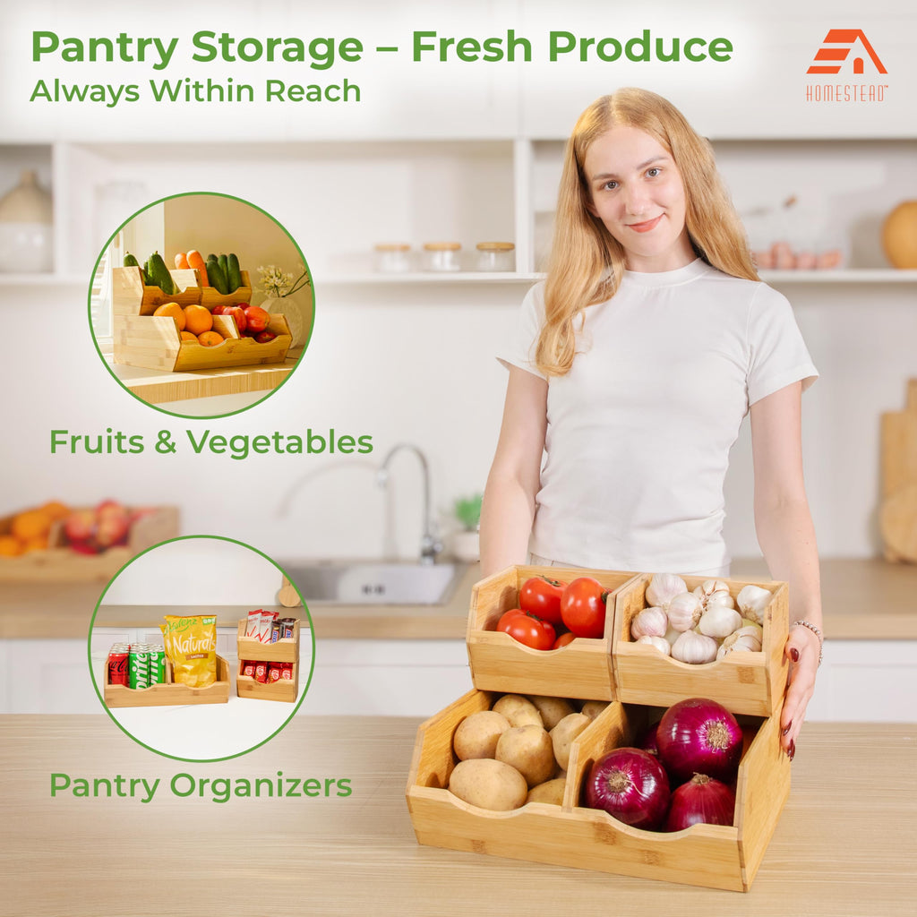 Bamboo Stackable Pantry Storage Bins Set of 3 P9716