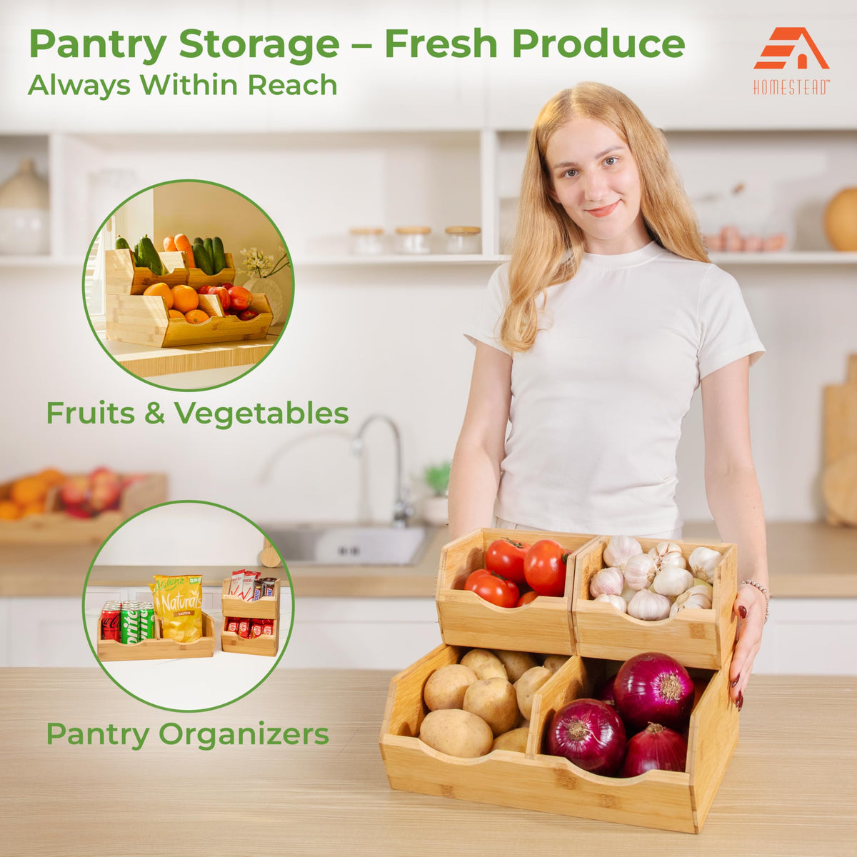 Bamboo Stackable Pantry Storage Bins Set of 3 P9716