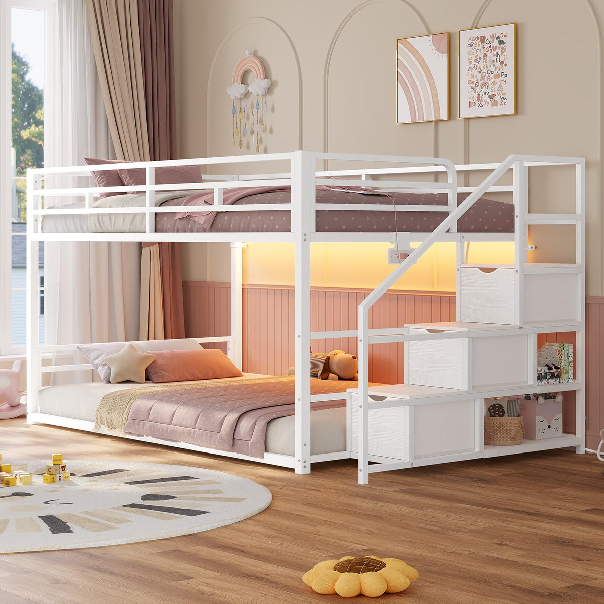 Low Bunk Bed Twin Over Twin with Storage Stairs H241