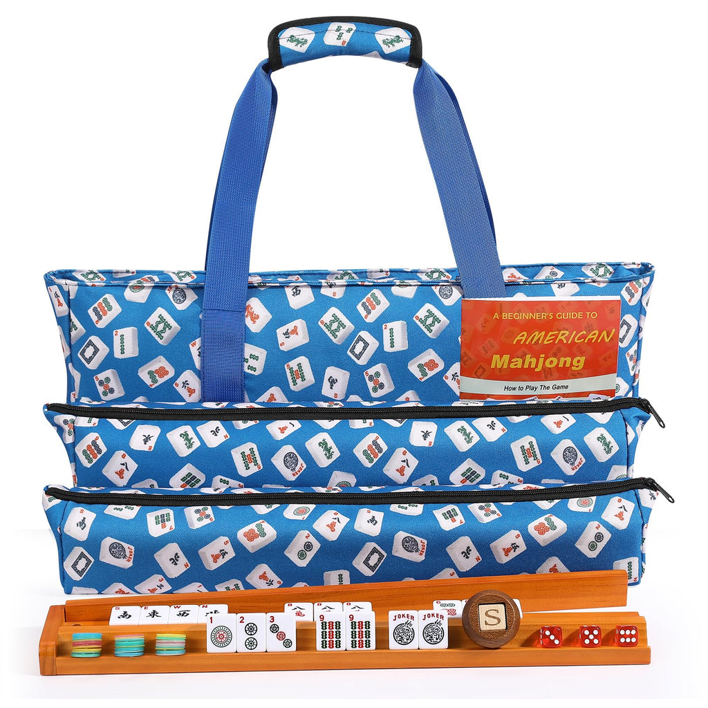 166 White Tiles Mahjong Game Set with Wooden Racks and Carrying Bag E264984