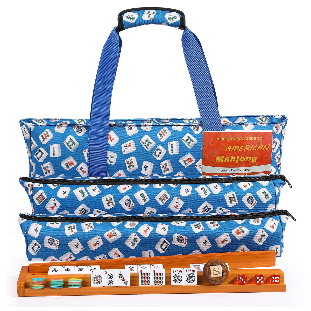 166 White Tiles Mahjong Game Set with Wooden Racks and Carrying Bag E264984
