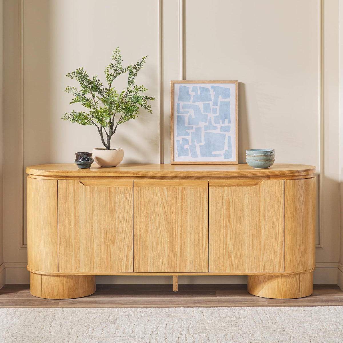 70 Inch White Oak Wood Sideboard TV Stand with Storage M74421