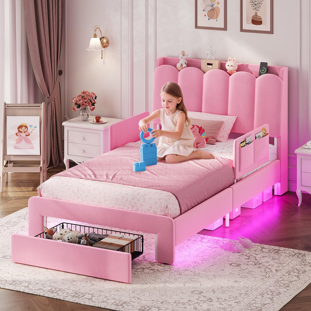 Pink Velvet Upholstered Twin Size Platform Bed with Storage Drawer S64783