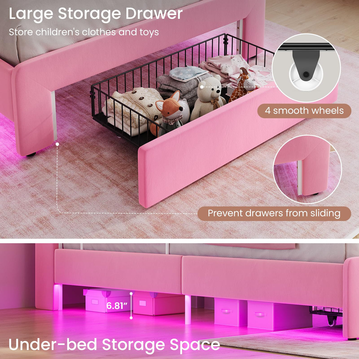 Pink Velvet Upholstered Twin Size Platform Bed with Storage Drawer S64783