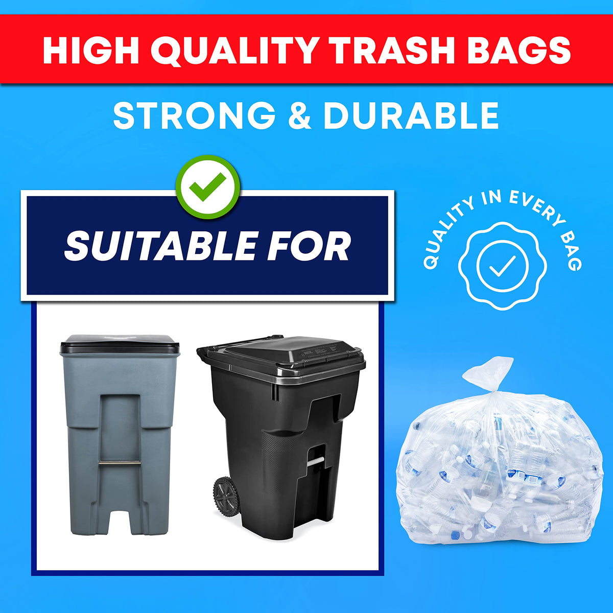 64-65 Gallon Clear Trash Bags, 120 Count Heavy Duty Garbage Bags O48631