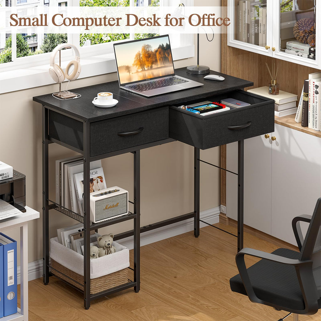 Black Small Writing Desk with 2 Drawers and Storage Shelf J28259
