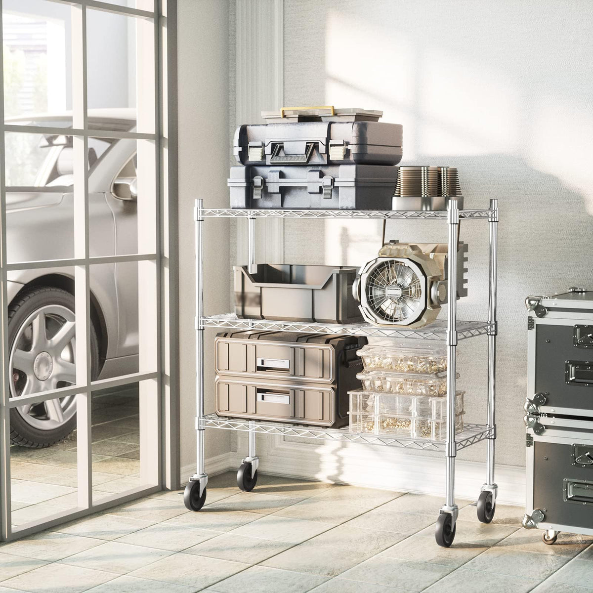 3-Tier Heavy Duty Metal Storage Shelves with Casters L277575