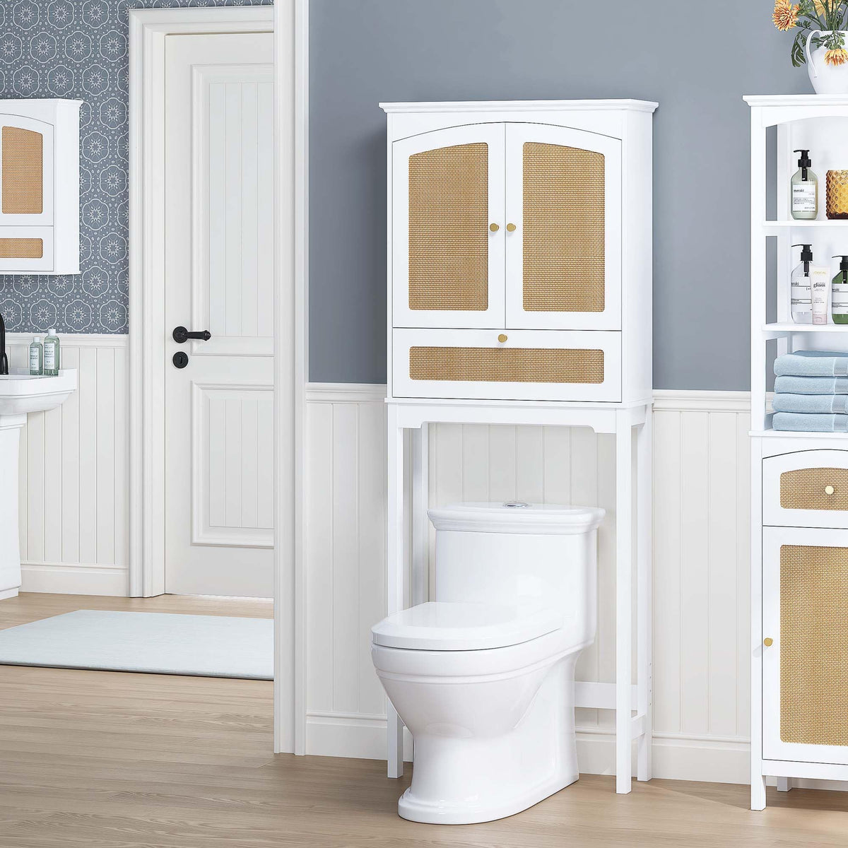 Over the Toilet Storage Cabinet with Arched Rattan Doors, White Q33237
