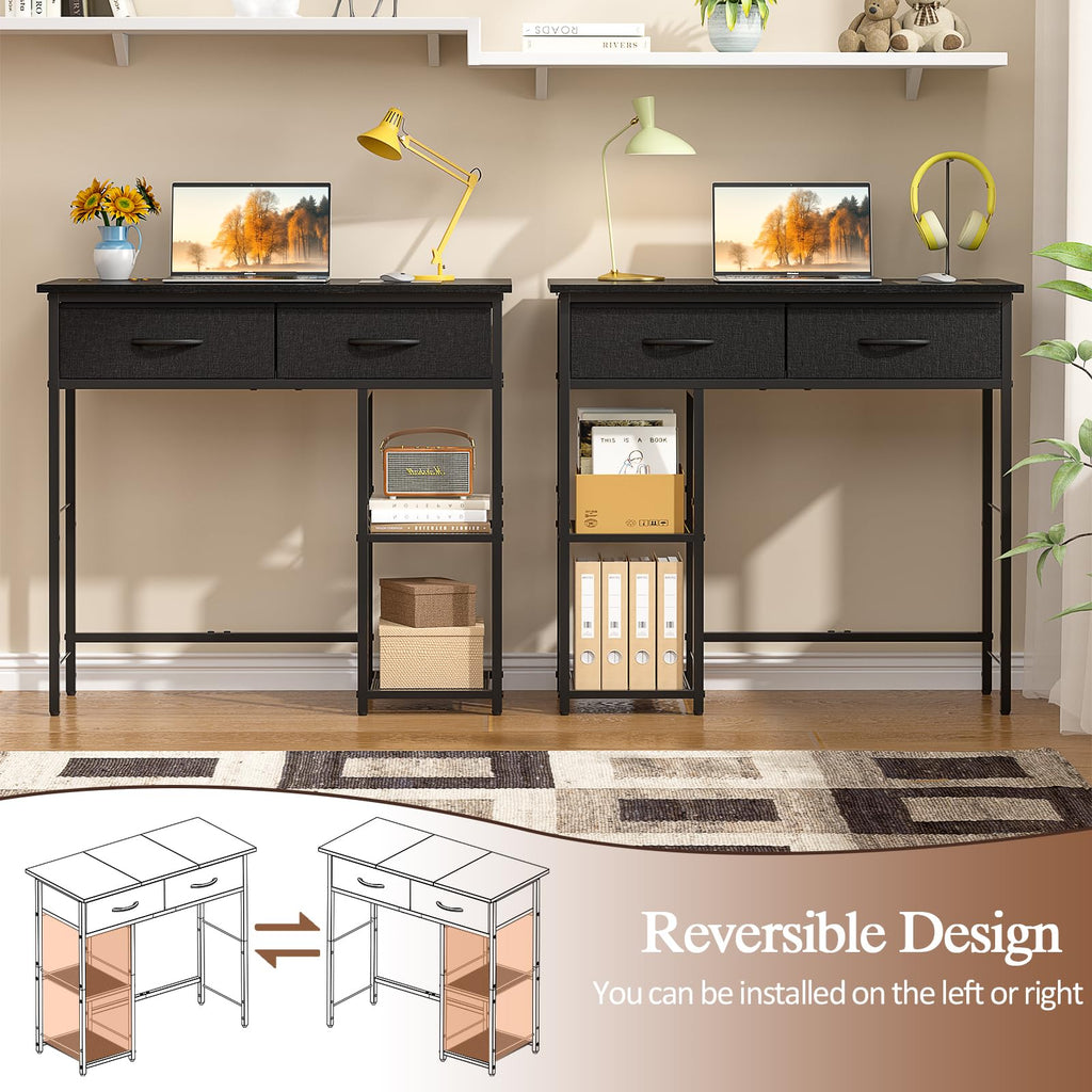 Black Small Writing Desk with 2 Drawers and Storage Shelf J28259