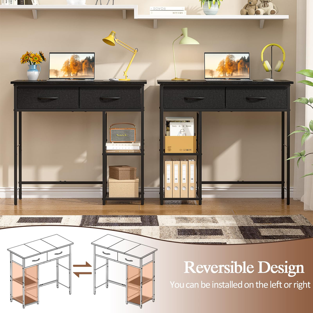 Black Small Writing Desk with 2 Drawers and Storage Shelf J28259