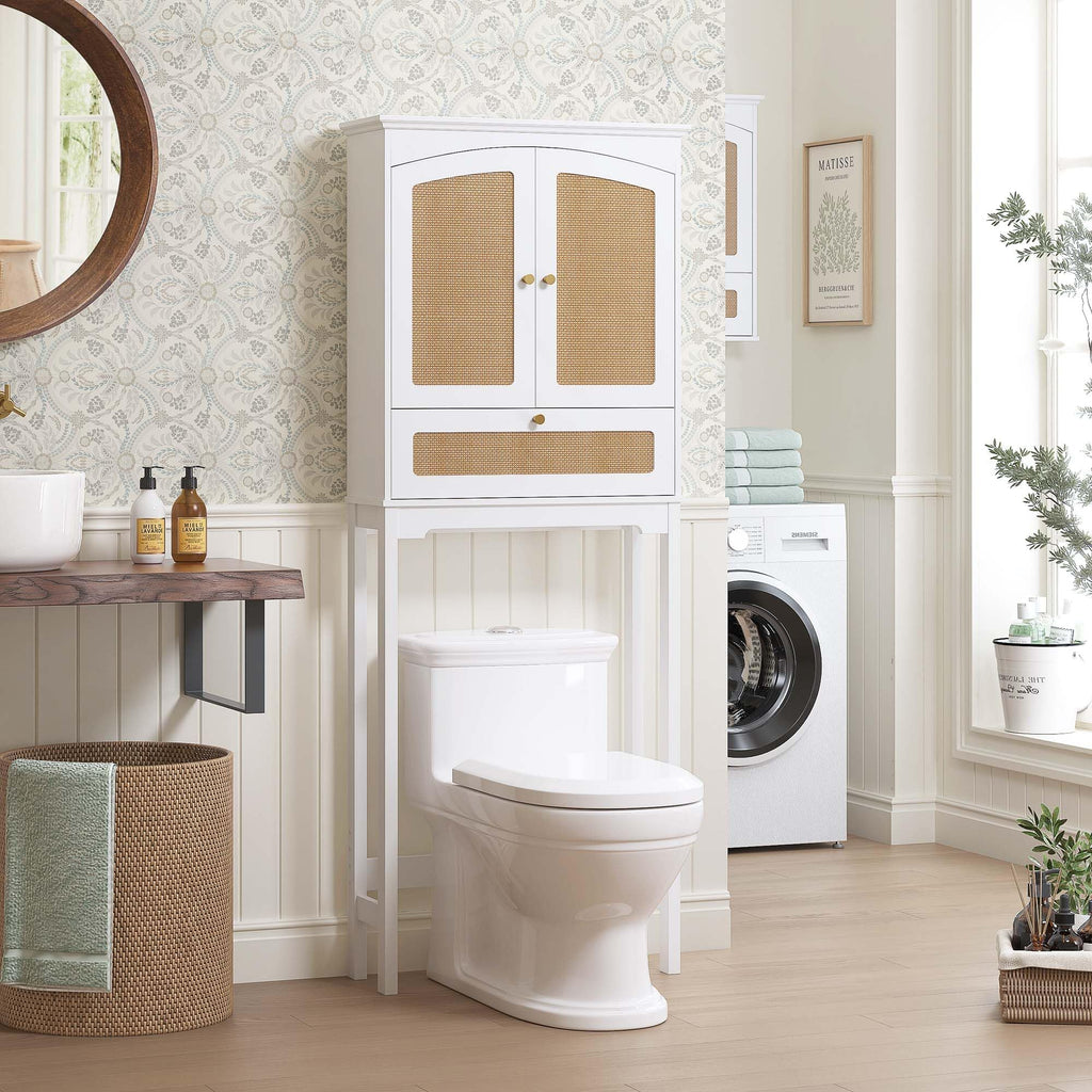 Over the Toilet Storage Cabinet with Arched Rattan Doors, White Q33237