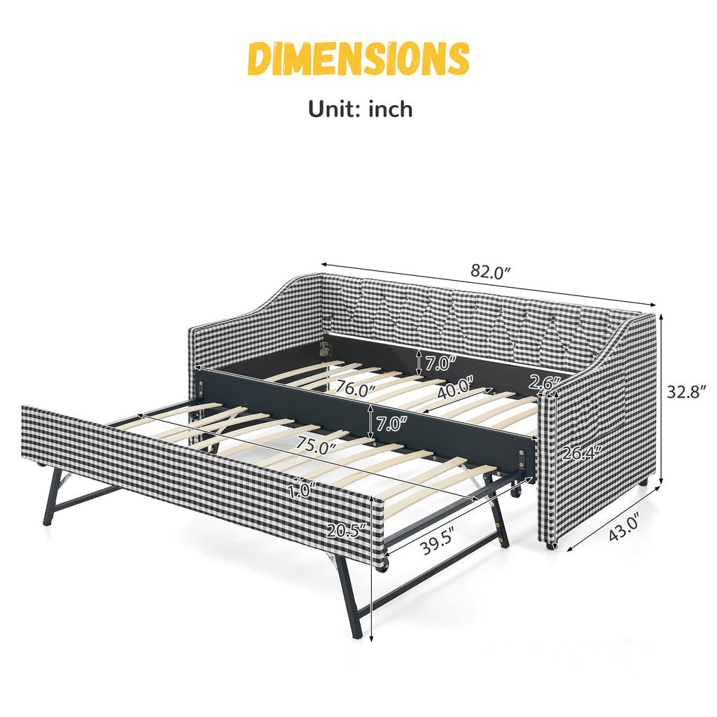Twin Size Gingham Daybed with Trundle and Storage Pocket D9668