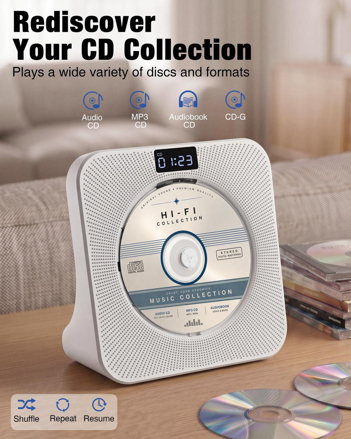 Portable CD Player with Bluetooth FM Radio USB White O632590
