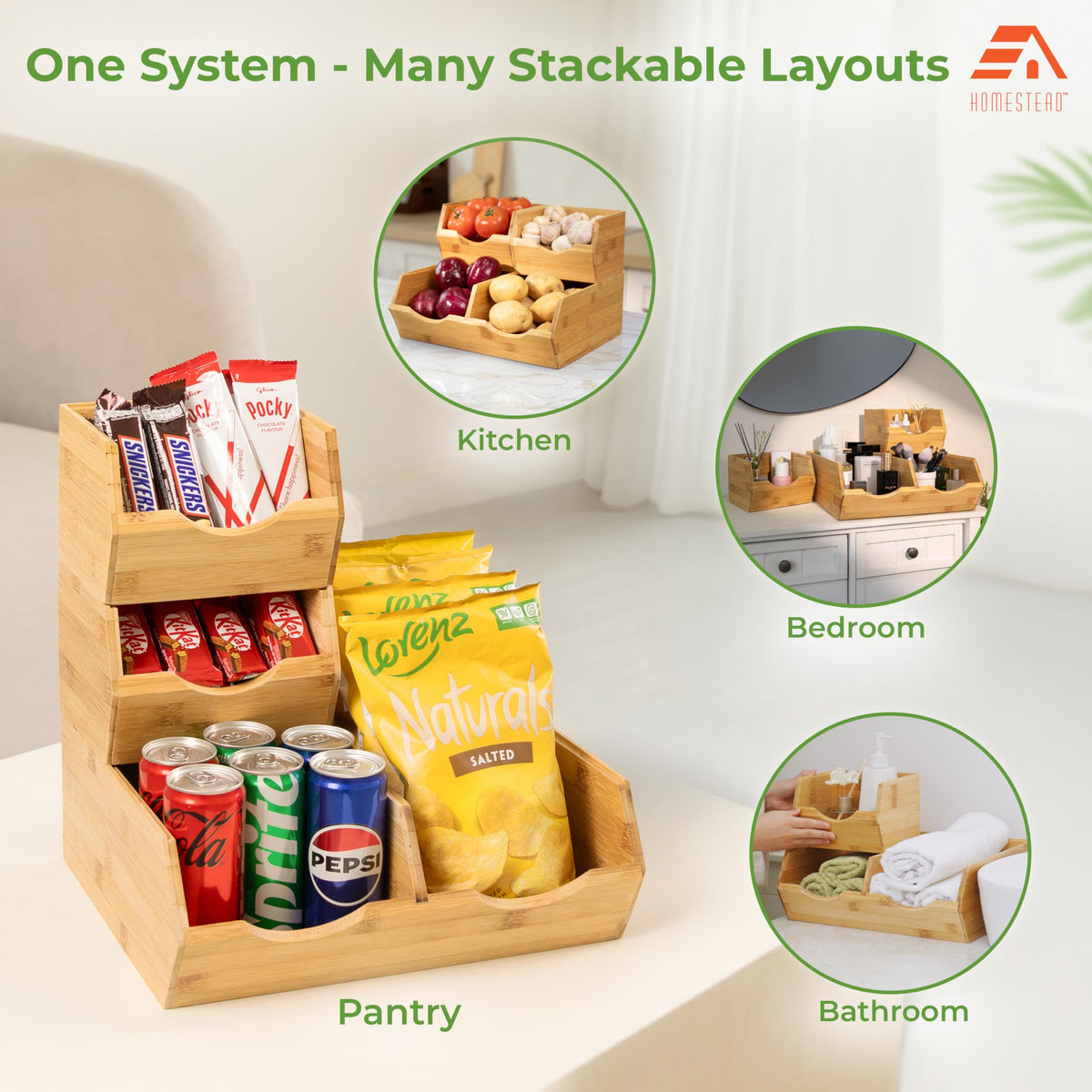 Bamboo Stackable Pantry Storage Bins Set of 3 P9716