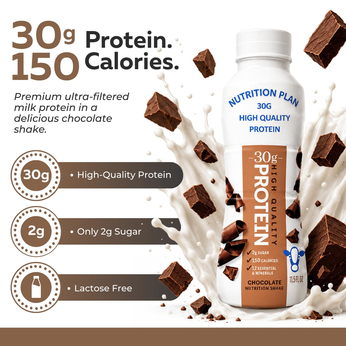 High-Protein Ready to Drink Shake – 30g Milk Protein, 150 Calories, 2g Sugar – Lactose Free, Chocolate, 11.5 fl oz (12 Pack) L205732