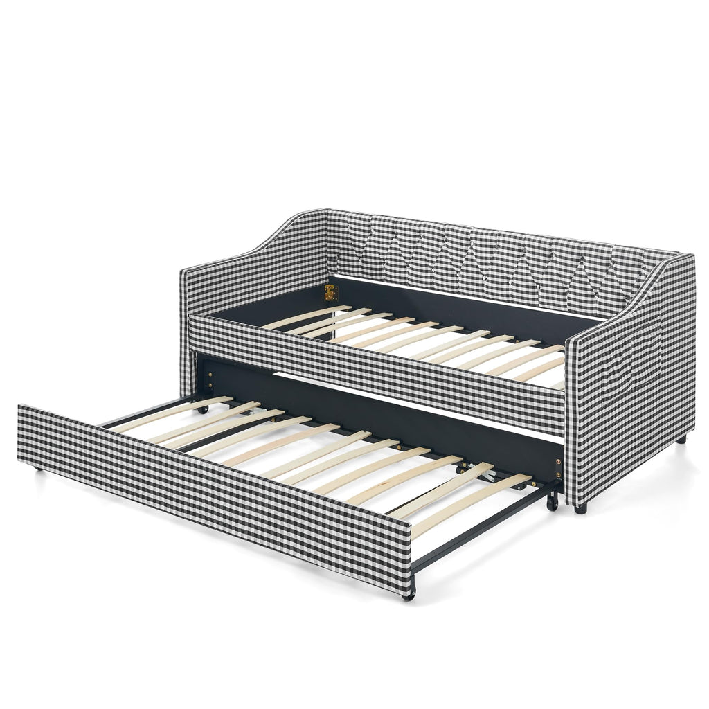 Twin Size Gingham Daybed with Trundle and Storage Pocket D9668