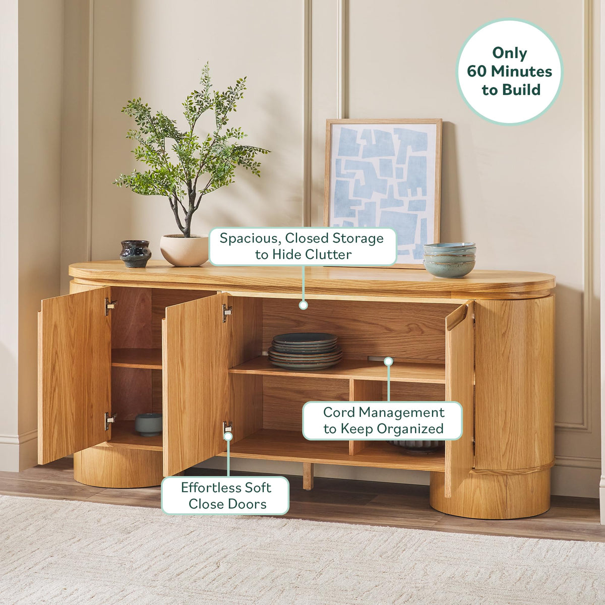 70 Inch White Oak Wood Sideboard TV Stand with Storage M74421
