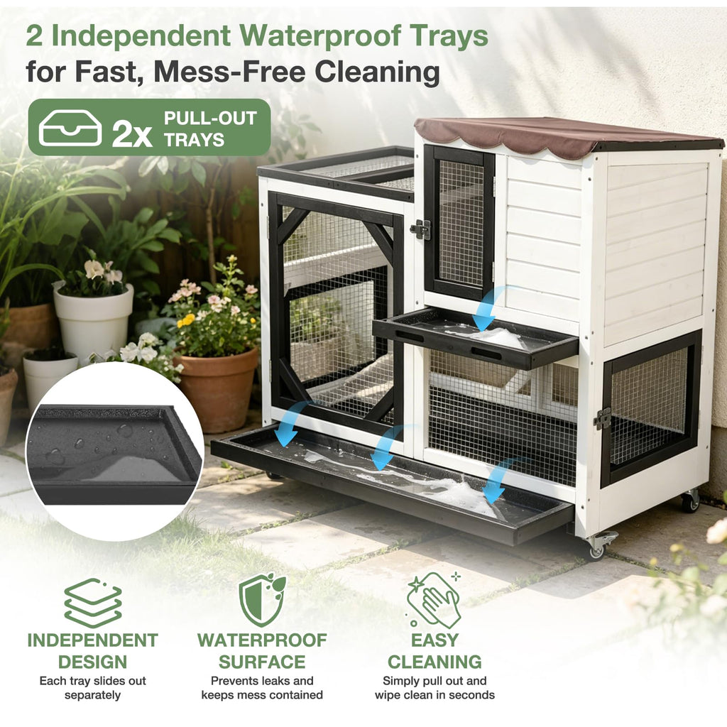 Large 2-Tier Rabbit Hutch with Wheels and Waterproof Roof Y9816