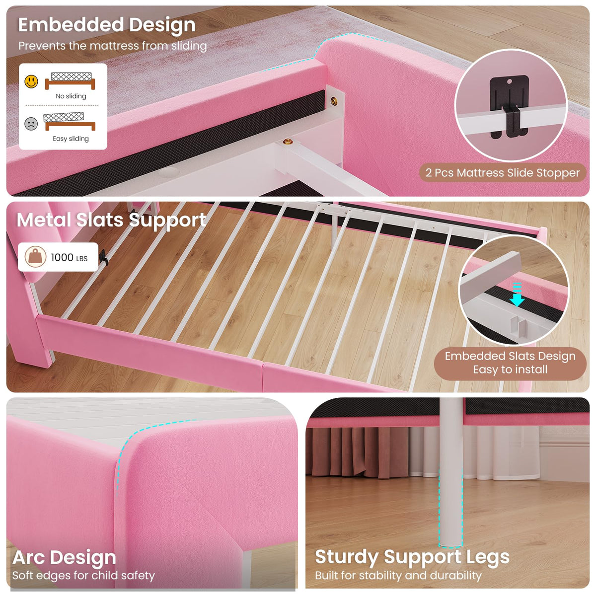 Pink Velvet Upholstered Twin Size Platform Bed with Storage Drawer S64783