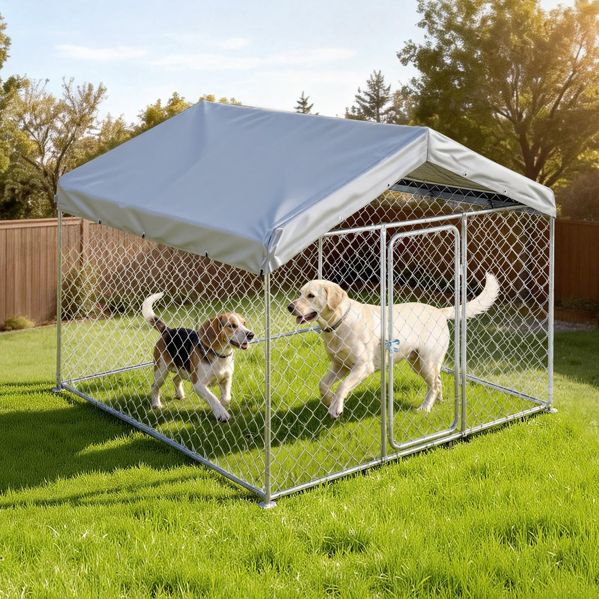 Outdoor Dog Kennel, 6.56 x 6.56 x 5.25 ft with UV-Resistant & Waterproof Roof Cover E451