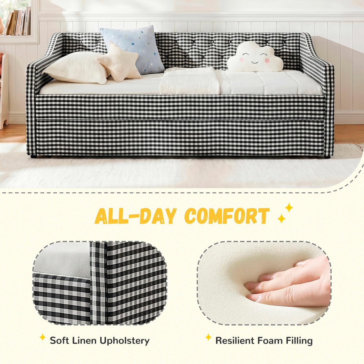 Twin Size Gingham Daybed with Trundle and Storage Pocket D9668