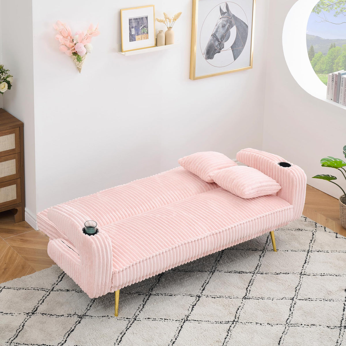 Pink Teddy Fabric Convertible Futon Sofa Bed B41635