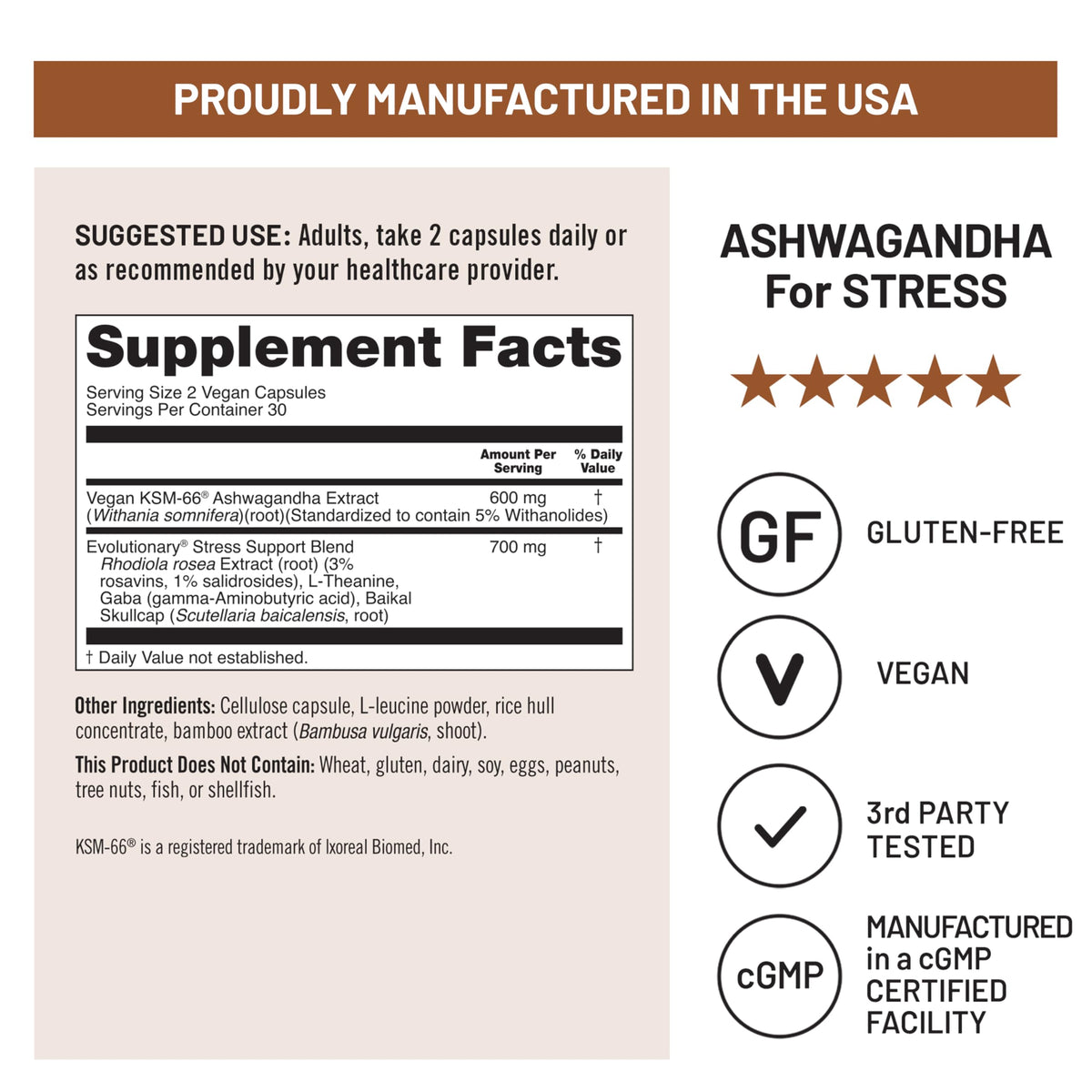 Ashwagandha with KSM-66 Extract GABA L-Theanine Rhodiola Rosea 60 Capsules A81749