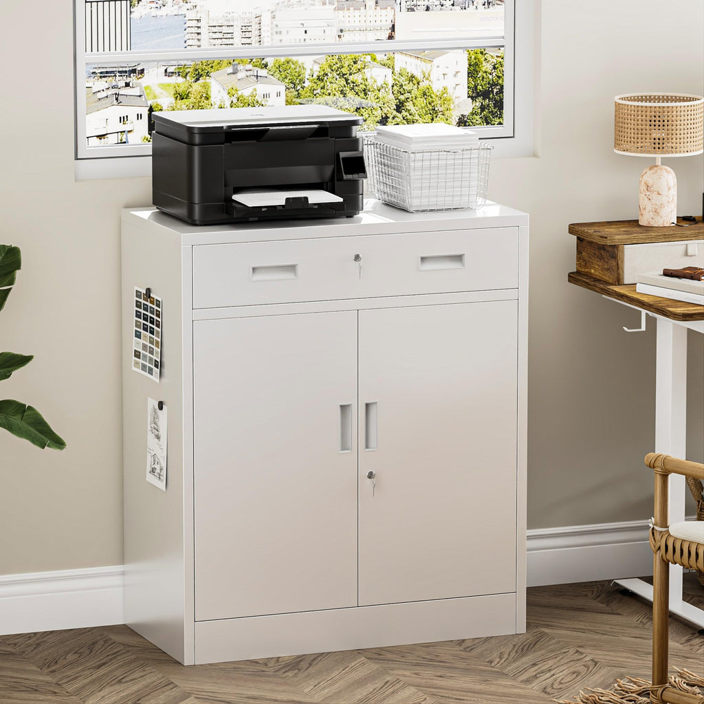 White Steel Lockable Storage Cabinet with Drawer and Adjustable Shelves L6234