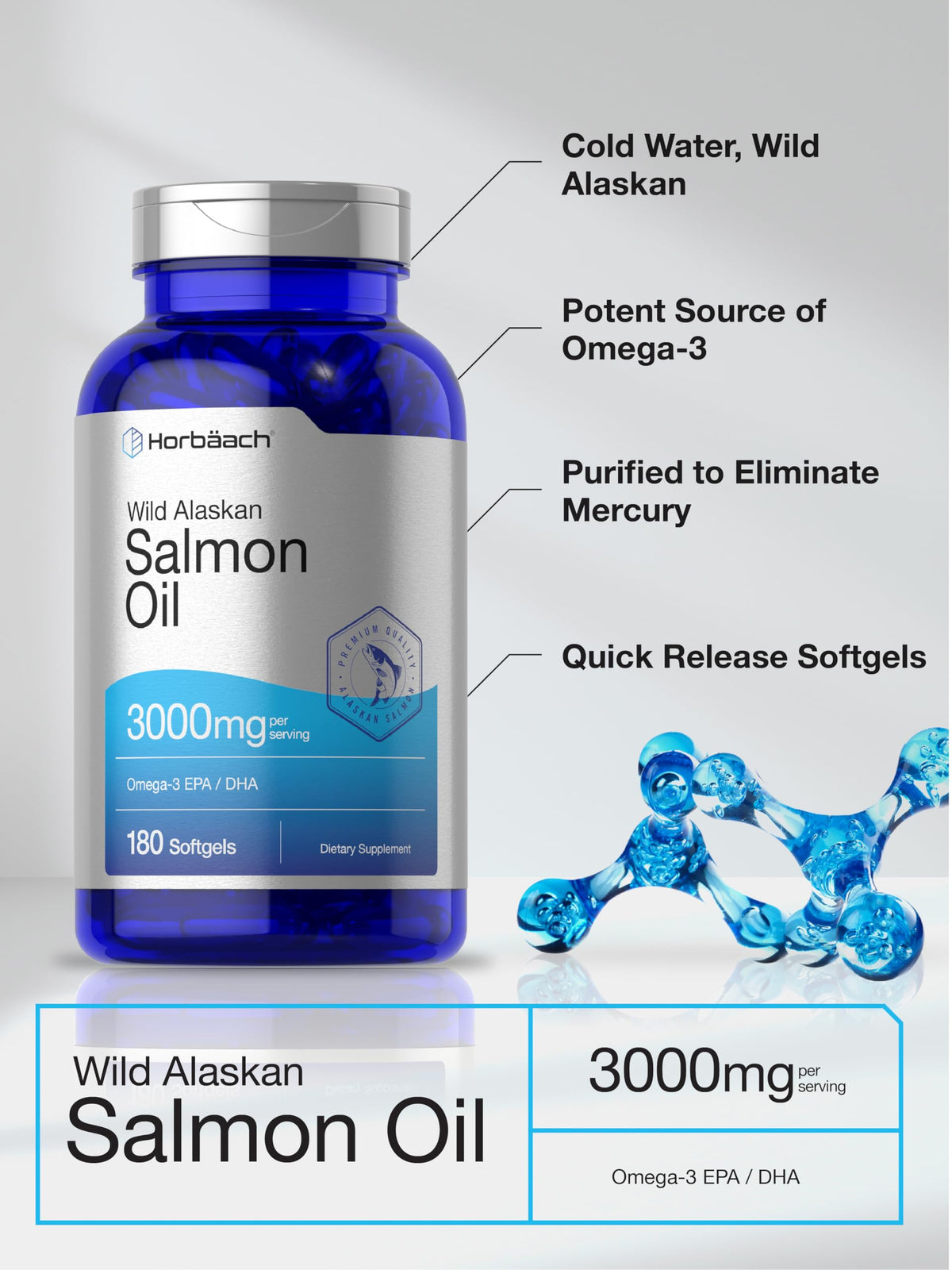 Wild Alaskan Salmon Fish Oil 3000mg 180 Softgel Capsules B844