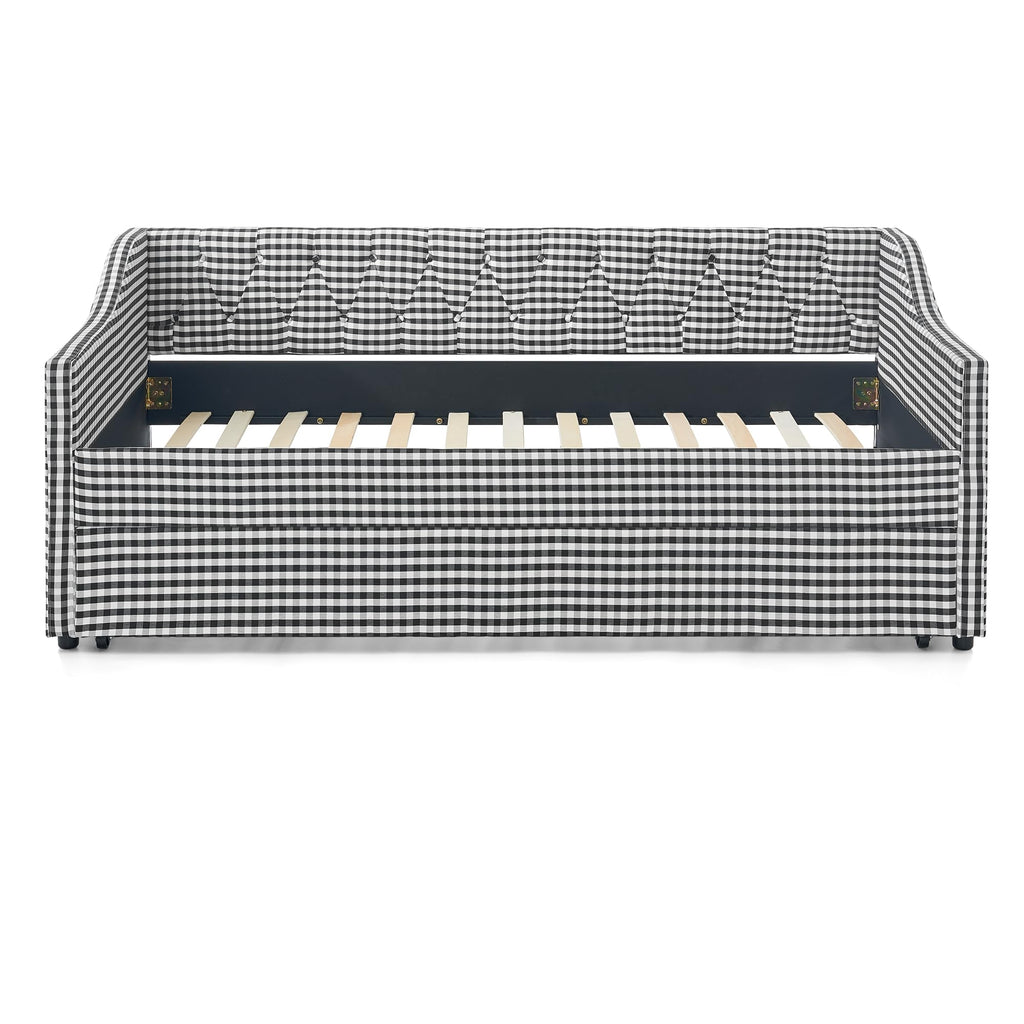 Twin Size Gingham Daybed with Trundle and Storage Pocket D9668