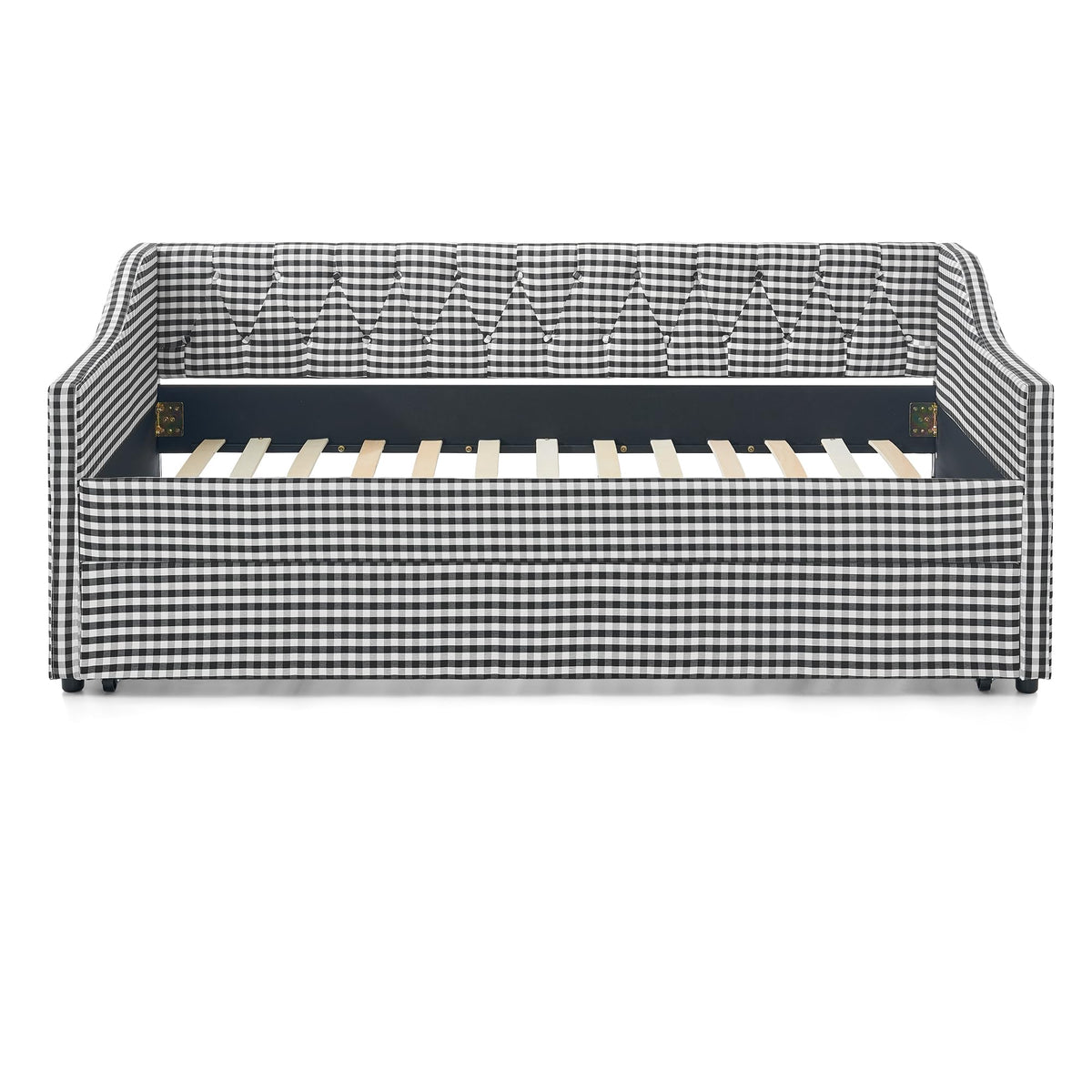 Twin Size Gingham Daybed with Trundle and Storage Pocket D9668