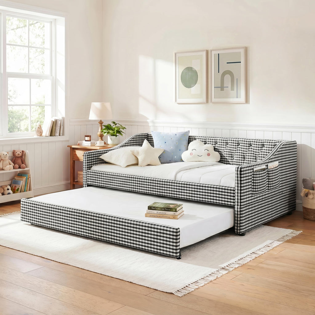 Twin Size Gingham Daybed with Trundle and Storage Pocket D9668