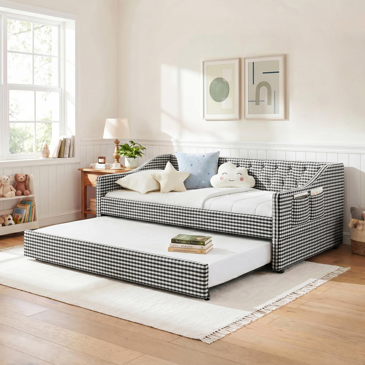 Twin Size Gingham Daybed with Trundle and Storage Pocket D9668