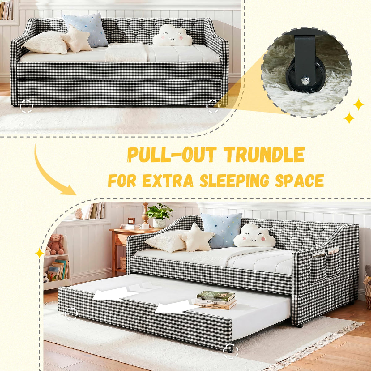 Twin Size Gingham Daybed with Trundle and Storage Pocket D9668