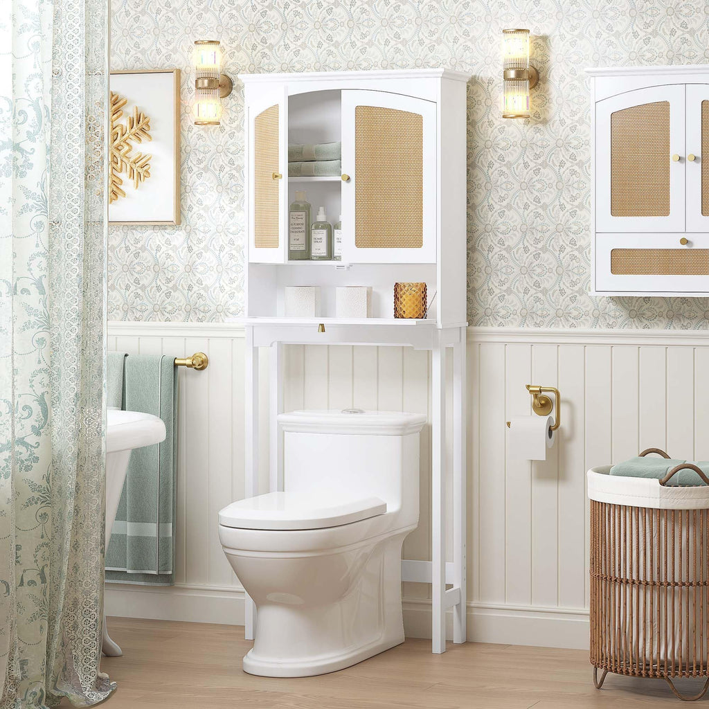 Over the Toilet Storage Cabinet with Arched Rattan Doors, White Q33237