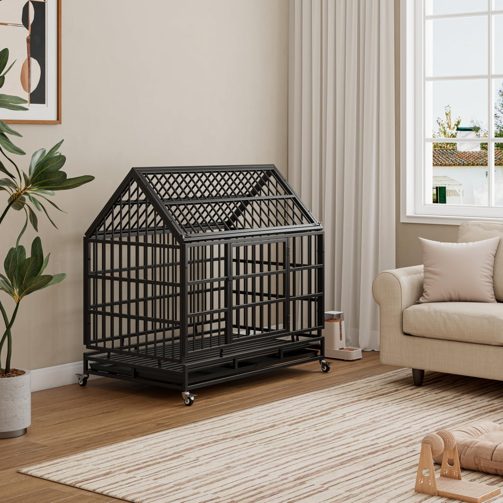 48 Inch Heavy Duty Collapsible Metal Dog Crate with Wheels C329331