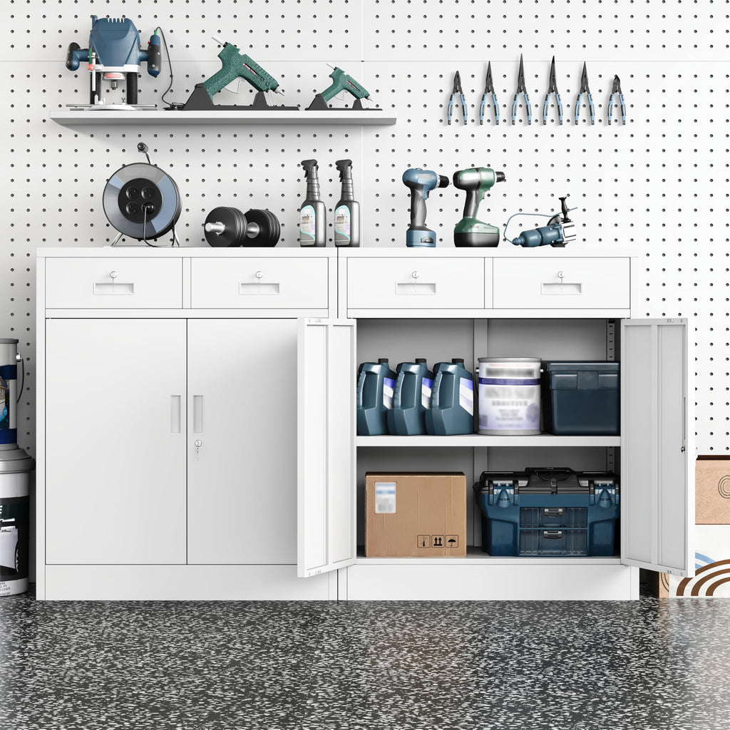White Steel Lockable Storage Cabinet with Drawer and Adjustable Shelves L6234