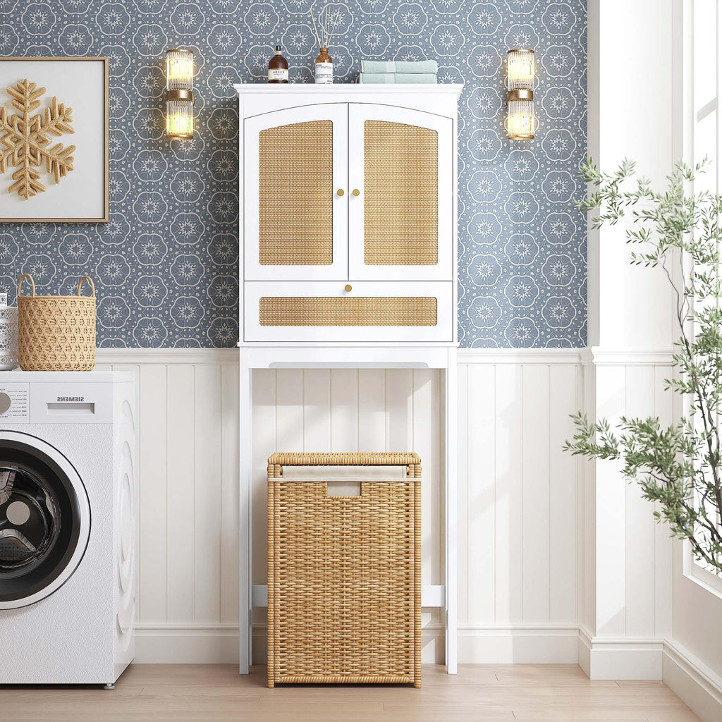 Over the Toilet Storage Cabinet with Arched Rattan Doors, White Q33237