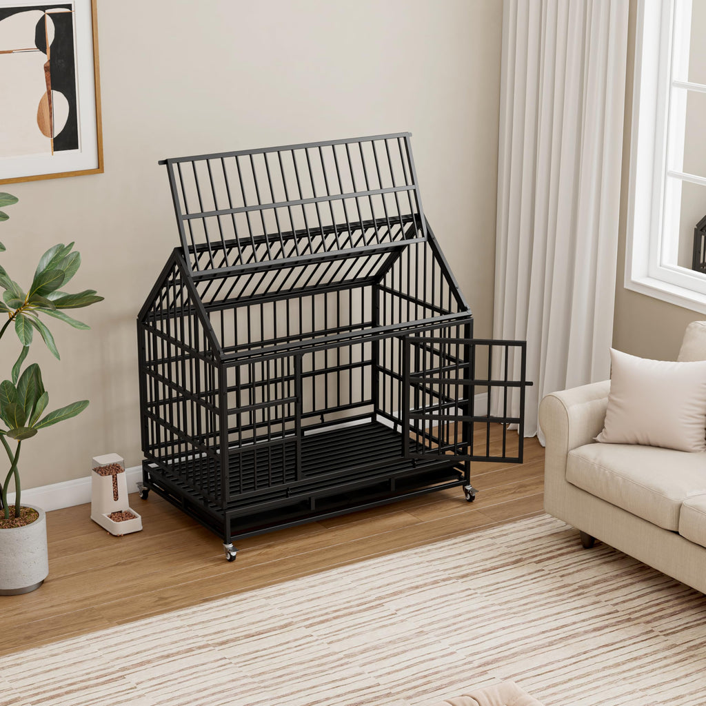 48 Inch Heavy Duty Collapsible Metal Dog Crate with Wheels C329331