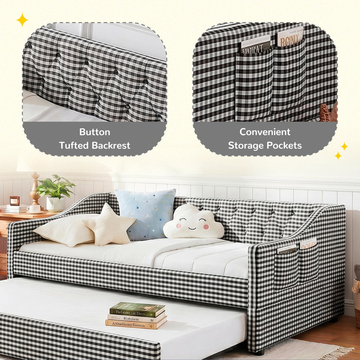 Twin Size Gingham Daybed with Trundle and Storage Pocket D9668